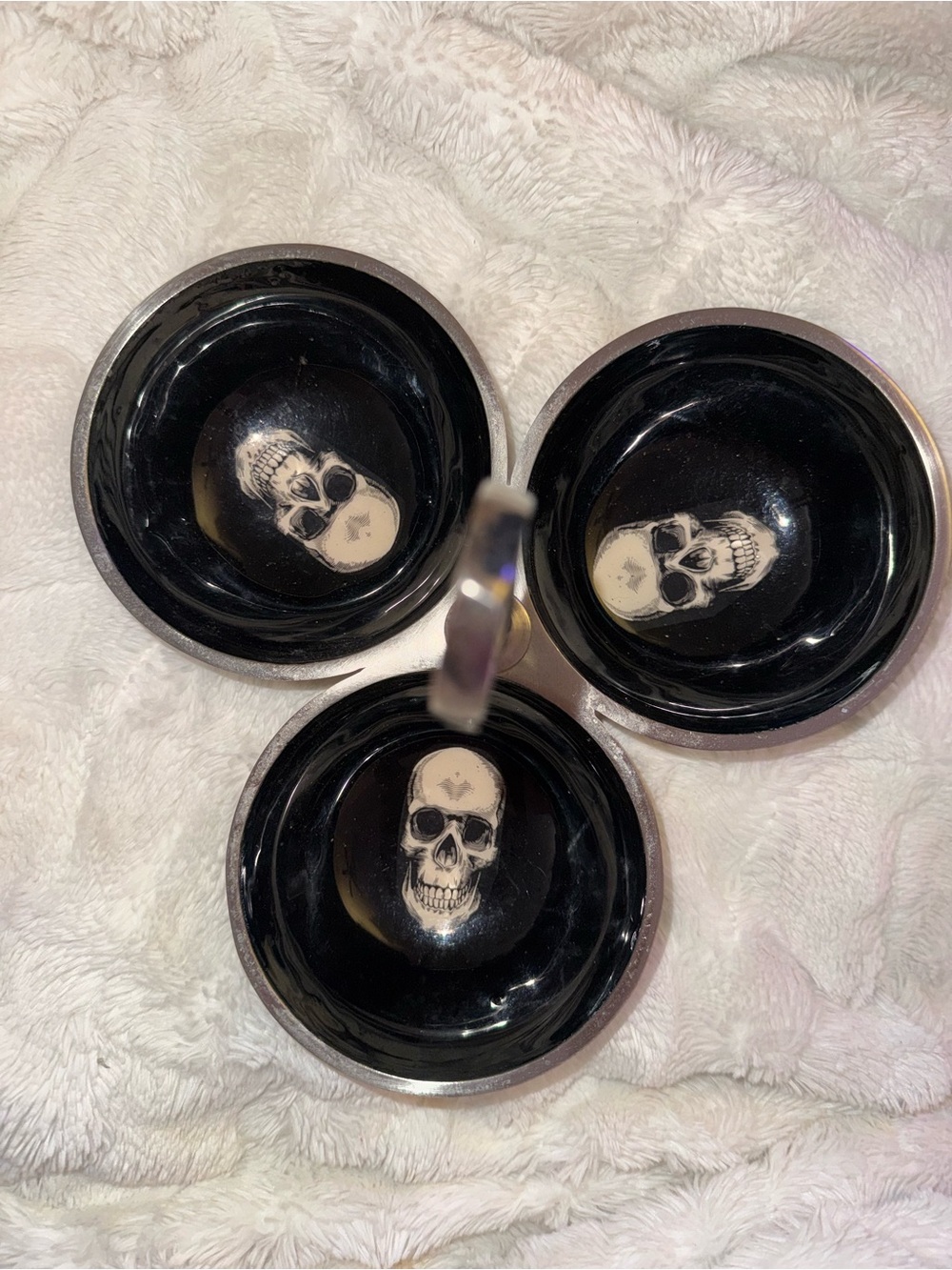 Halloween Skull Snack Server - Black Triple dish- pewter VERY UNIQUE 👻🎃